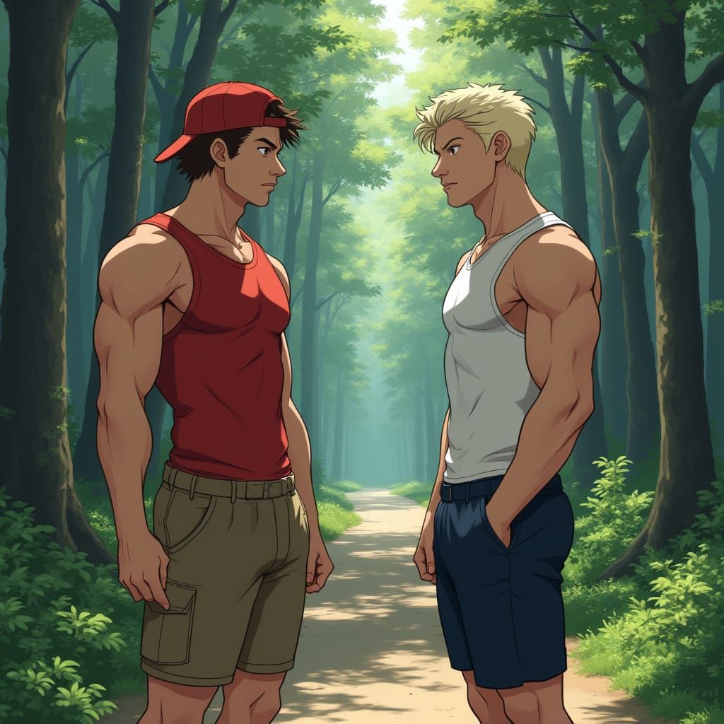 Muscular Men Face Off in Tense Forest Encounter