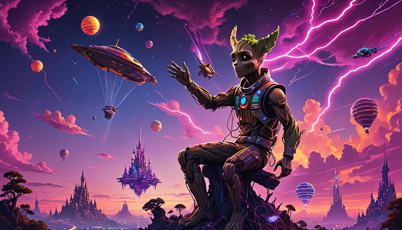 Groot Flying in a Disney Style with Synthwave Neon
