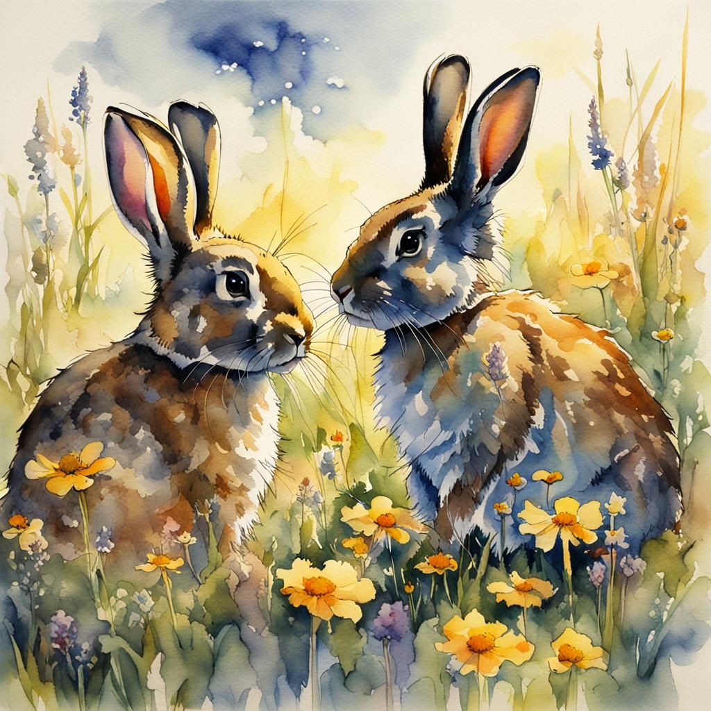 Wildflower Field Bunnies in Watercolor Style