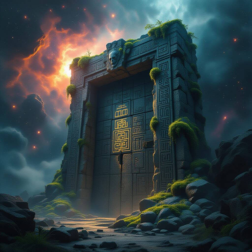 Ancient Stone Door in Cosmic Nebula, Ethereal Glow
