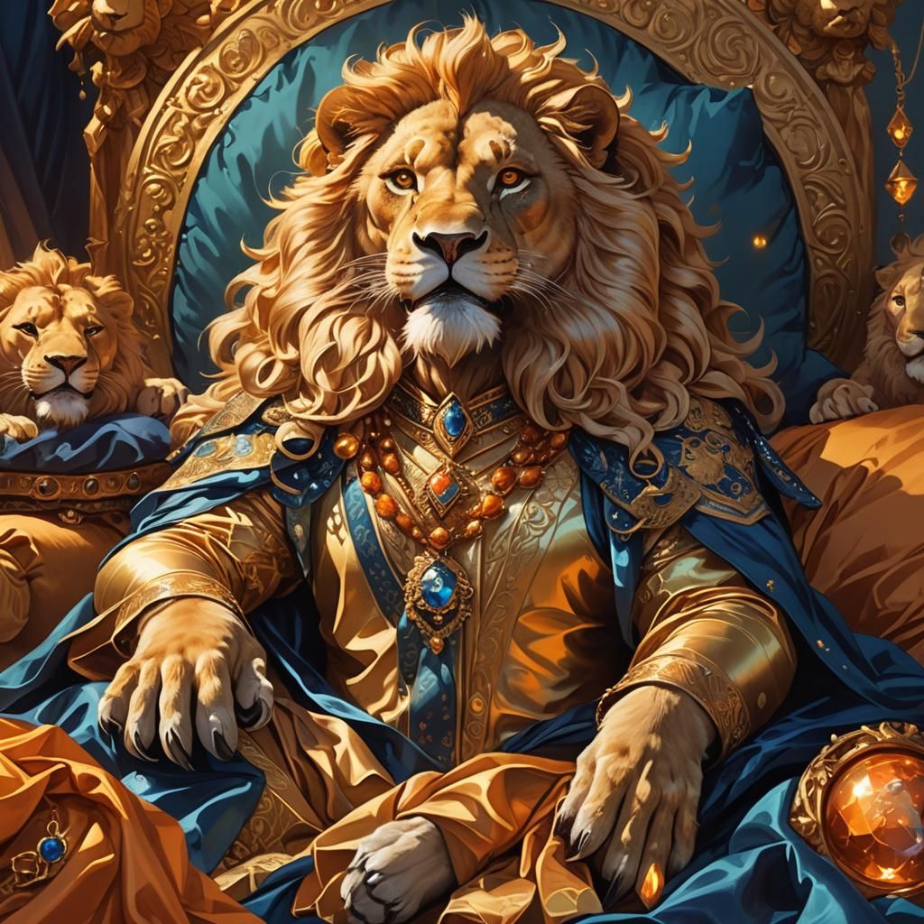 Golden Lion-Man in Lavish Attire: Fantasy Illustration