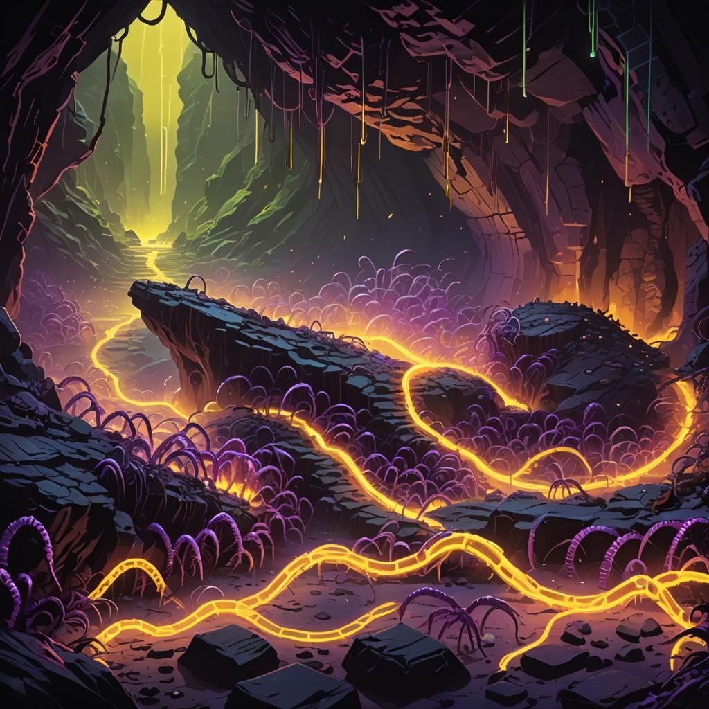 Luminescent Centipedes in Radioactive Cave: Fantasy Art