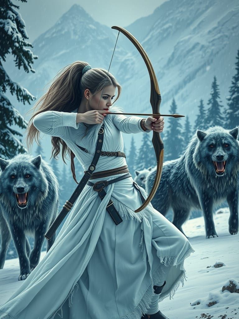 Warrior Woman Defends Against Wolves in Winter Forest