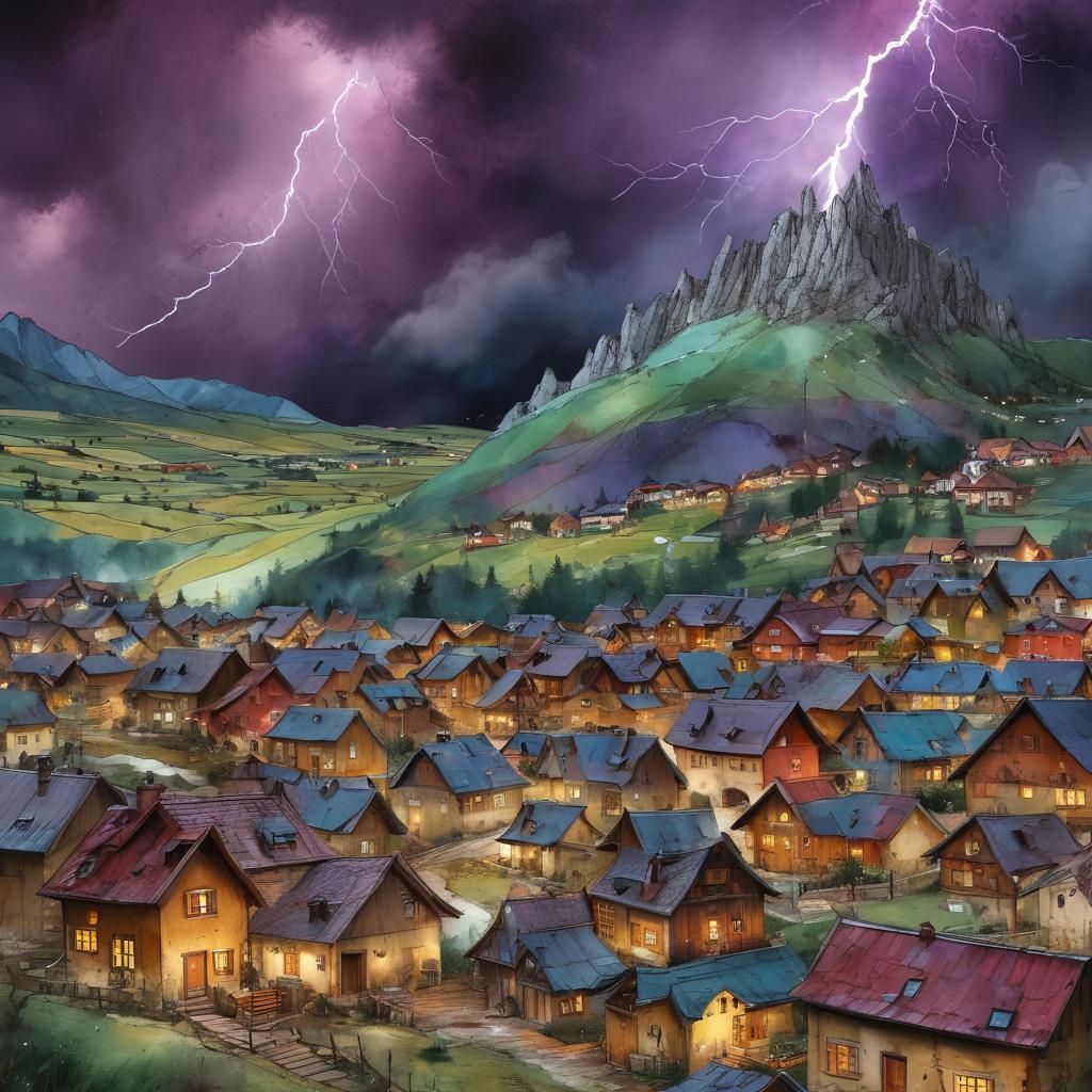 Whimsical Alpine Village Under Lightning Storm