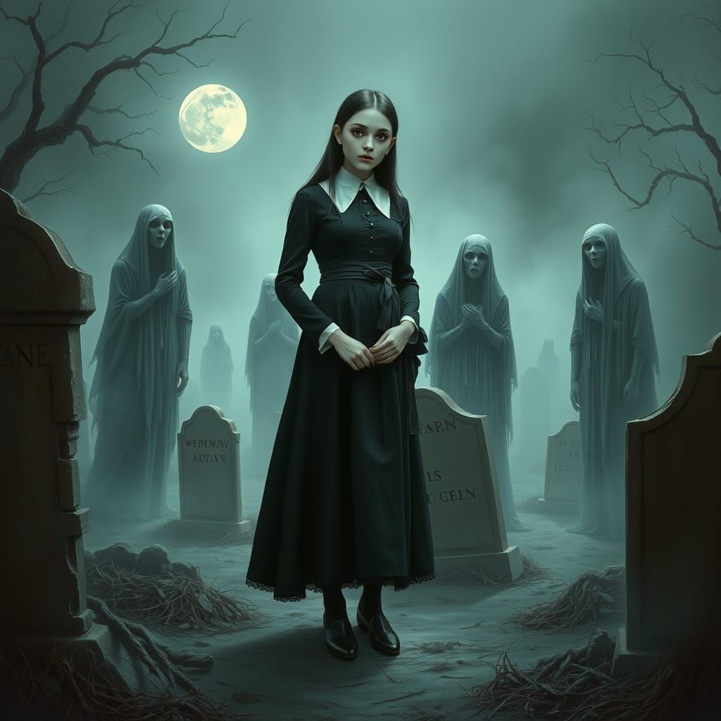 Victorian Gothic Ghosts in a Moonlit Cemetery