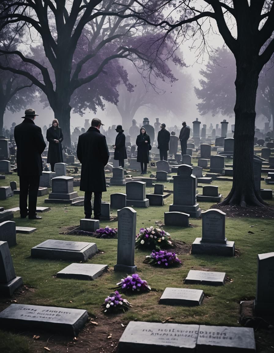 Mournful Gathering at Graveyard in Film Noir Style