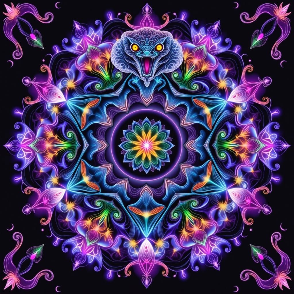Serpent Coiled Around Mystical Mandala in Psychedelic Style