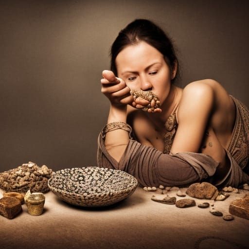 Detailed HD photo of the strange woman eating a bowl of rock...