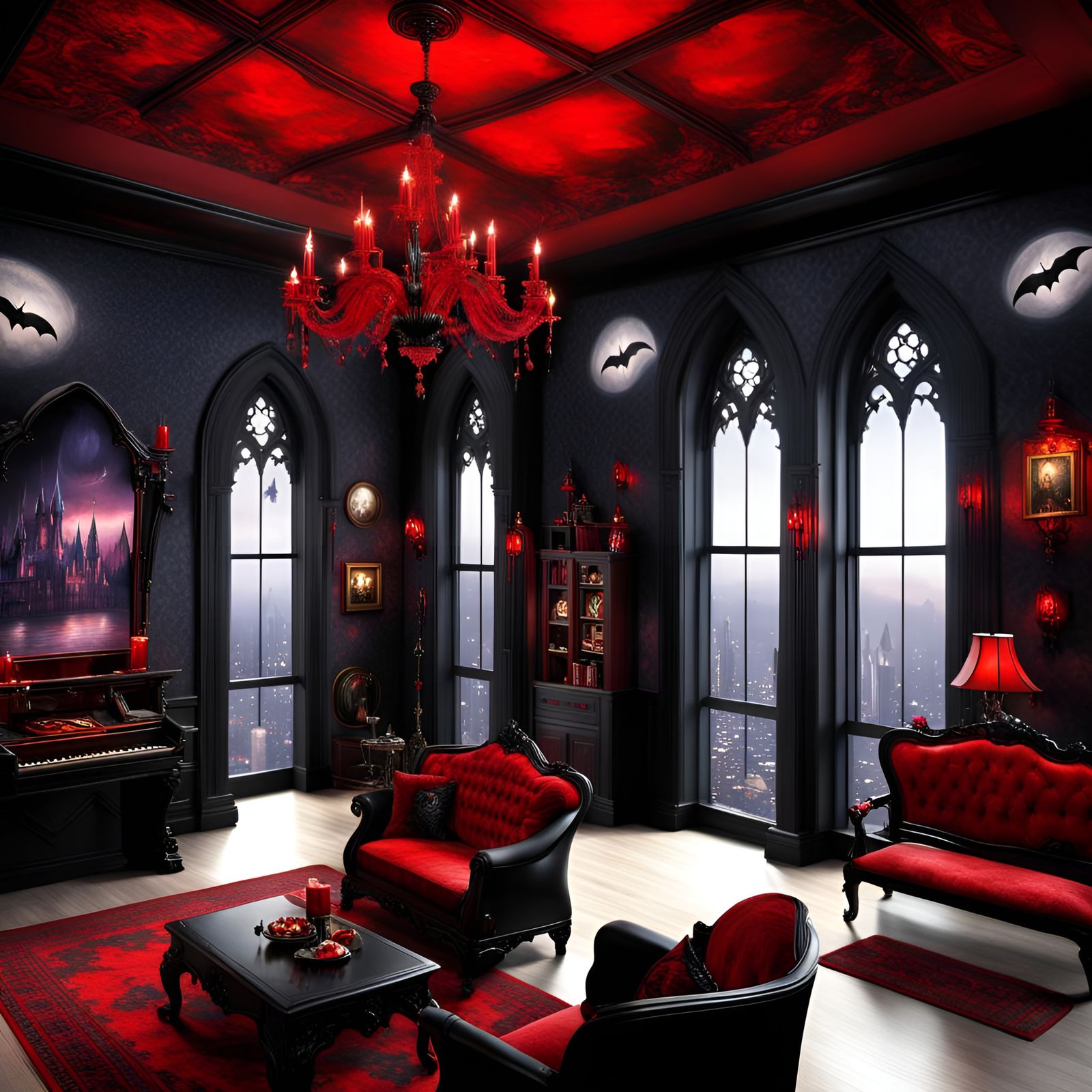Gothic vampire themed penthouse with Black walls with red ac...