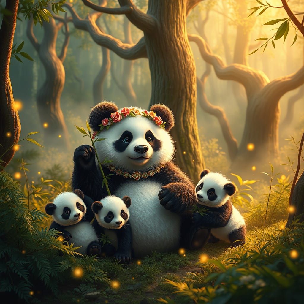 Panda Family in Lush Forest, Fantasy Concept Art