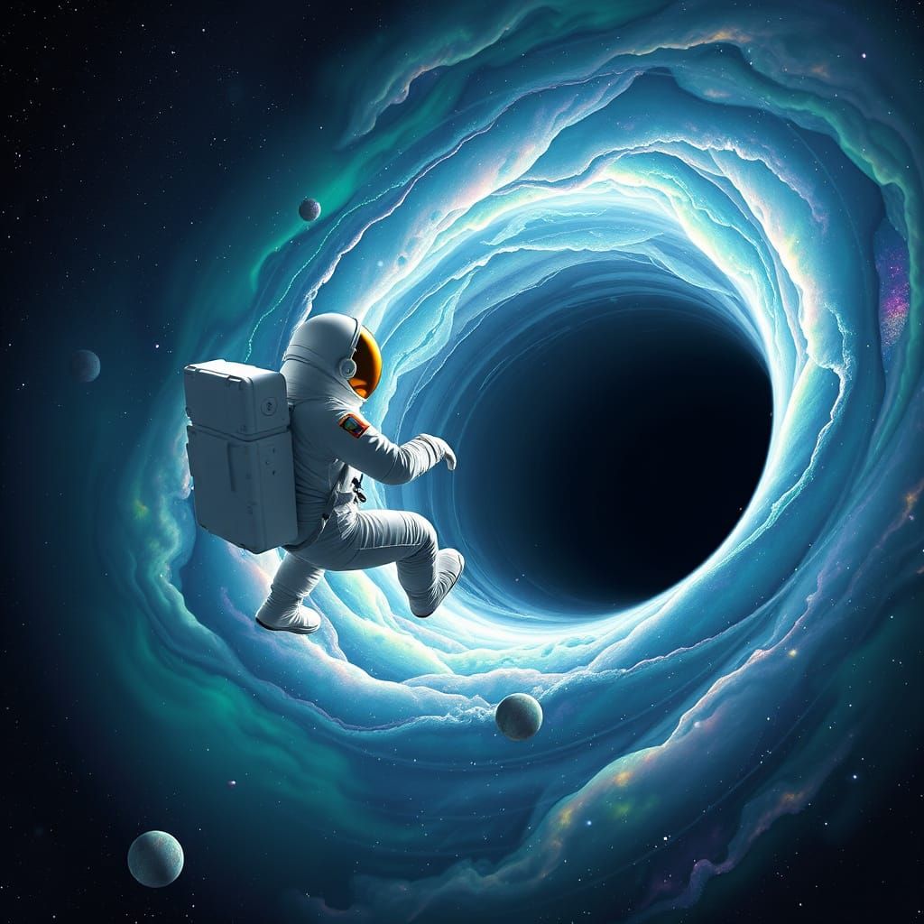 Sleek Astronaut Gazing into a Swirling Black Hole Galaxy
