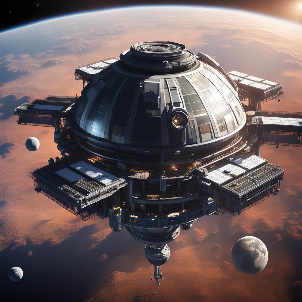 Geosynchronous Space Station with Space Elevator in 3D