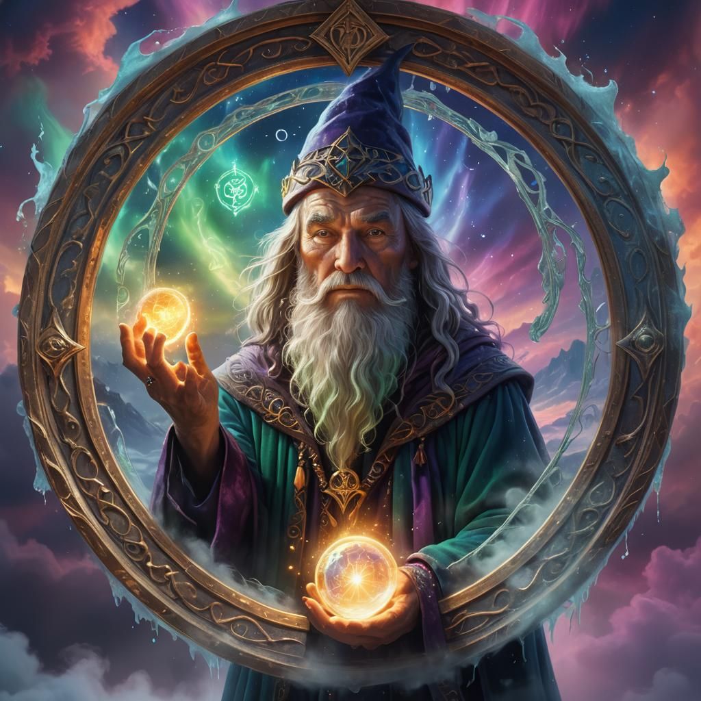 Mystical Wizard Gazing into Magic Mirror