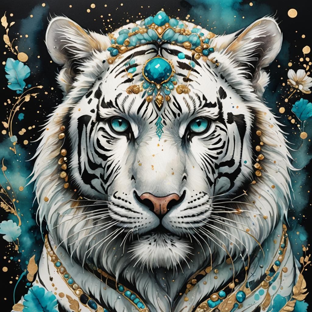 Surreal Watercolor Tiger with Gold and Turquoise