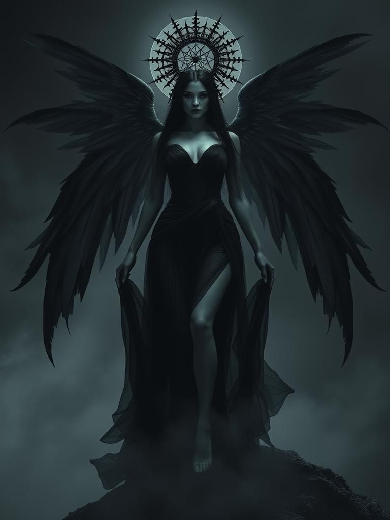 Vantablack Goddess in Shadowed Landscape