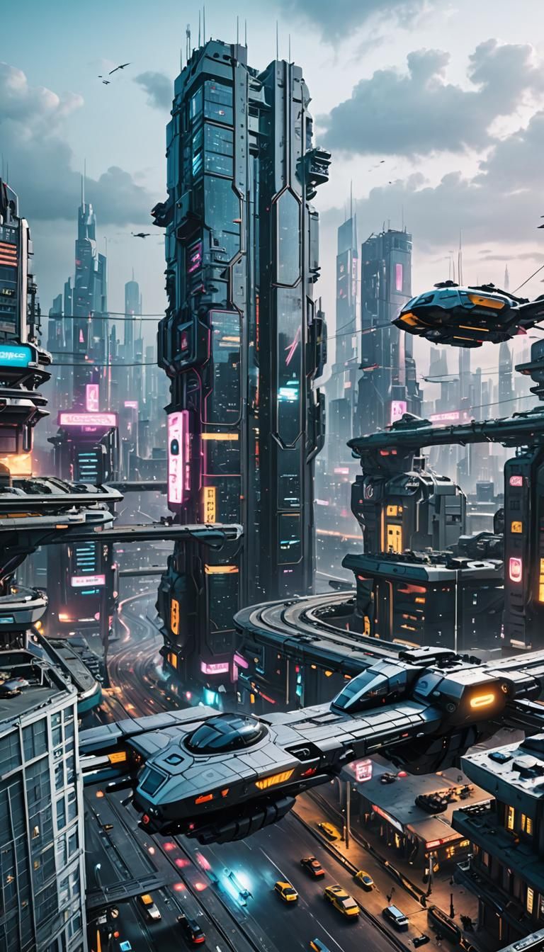 Futuristic Dystopian Cityscape at Night: Cyberpunk Style