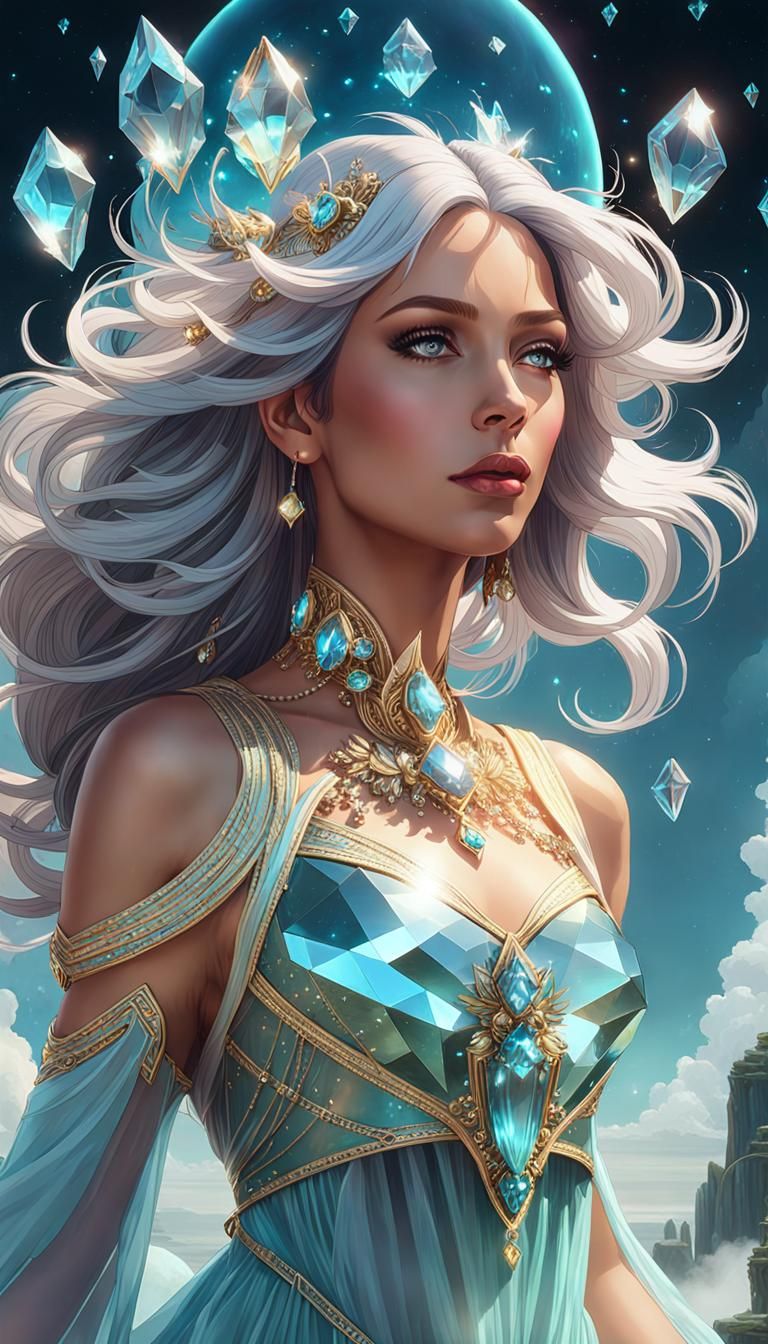 Crystalline Woman in Sky of Floating Gems