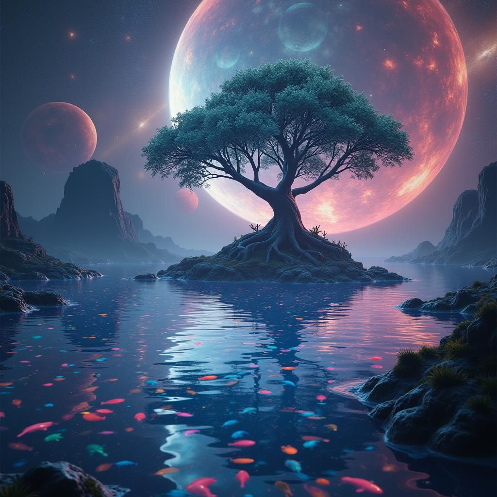 Lake of Fish in Space with Bioluminescent Hive