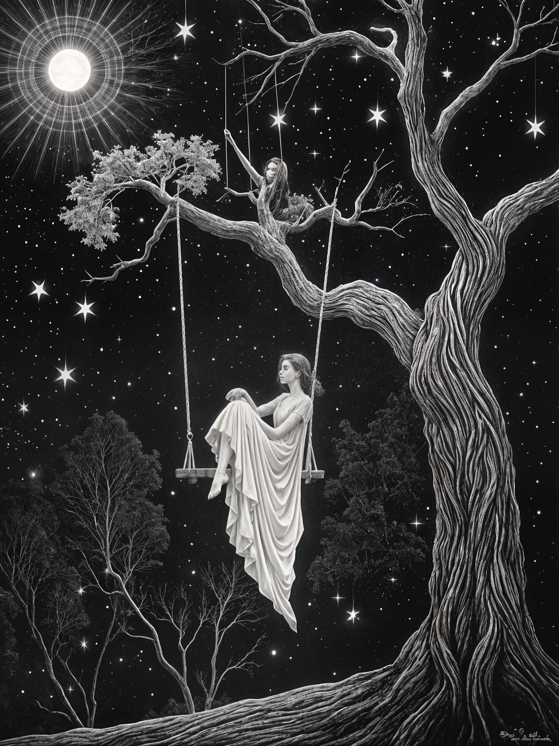 Ethereal Woman in Starry Sky, Intaglio Style