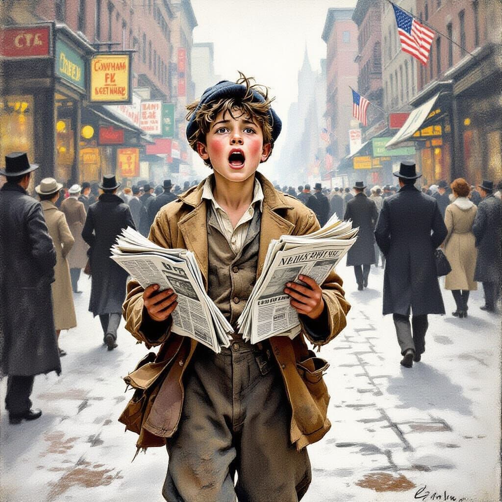 Newsboy Shouts on Bustling New York Street