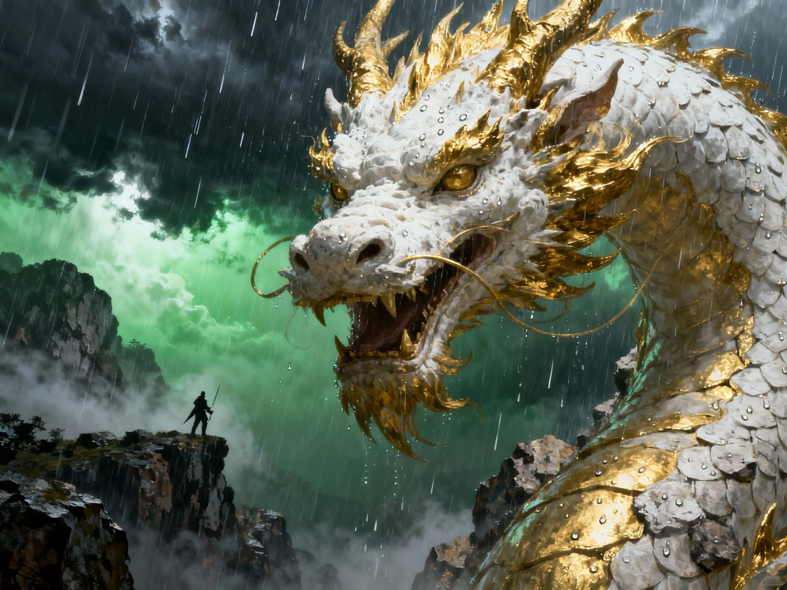 Chinese Dragon Confronts Knight in Stormy Landscape