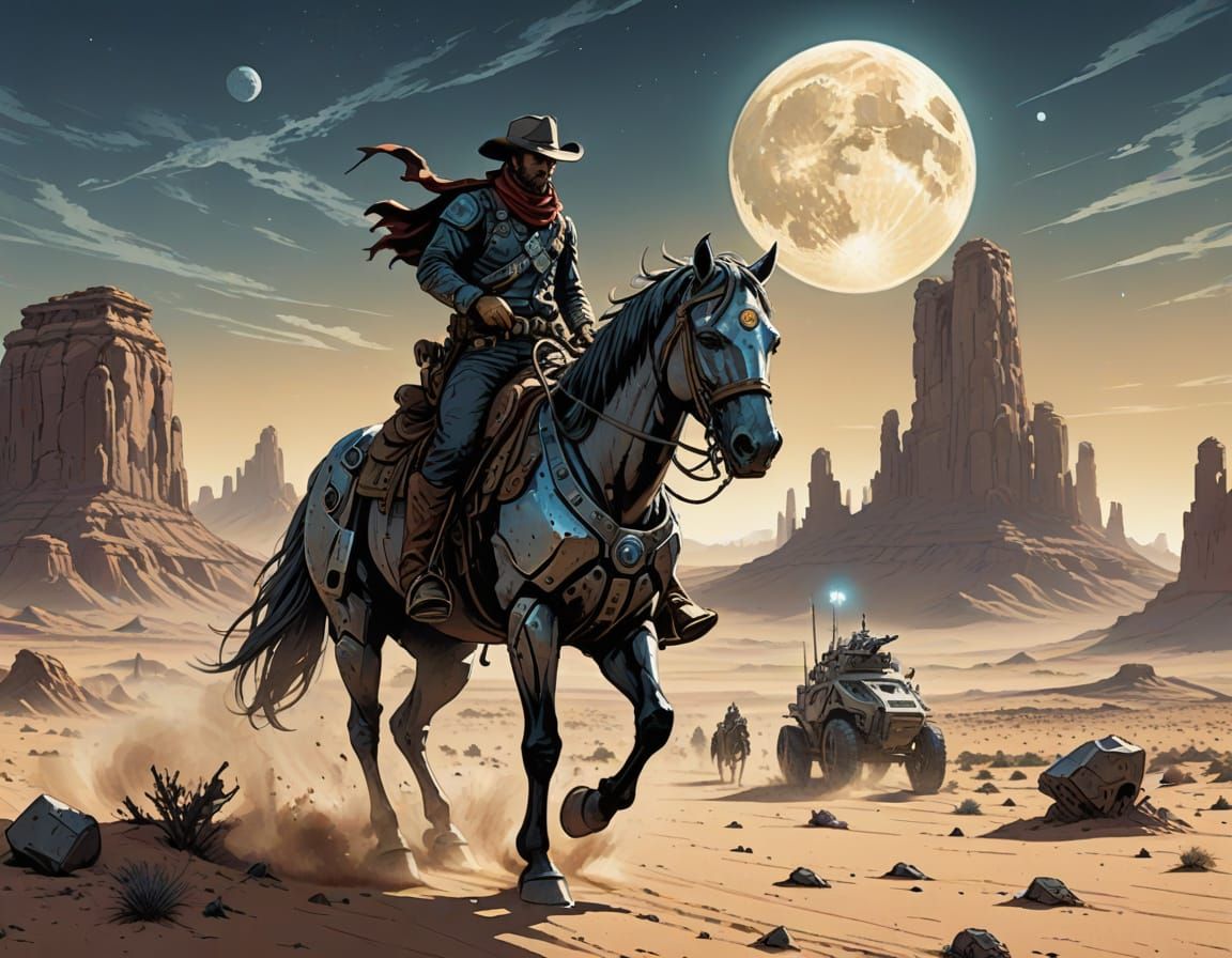 Cowboy Rides Cybernetic Horse on Alien Desert: Comic Book Ar...