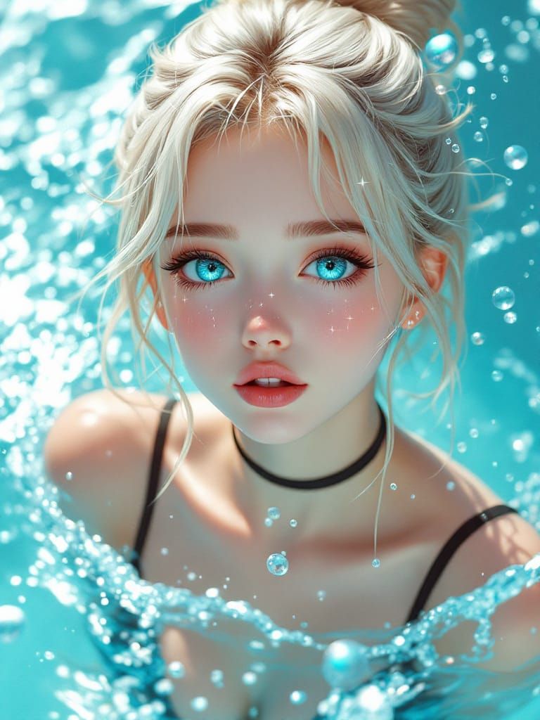 Anime Woman with Platinum Hair and Large Turquoise Eyes