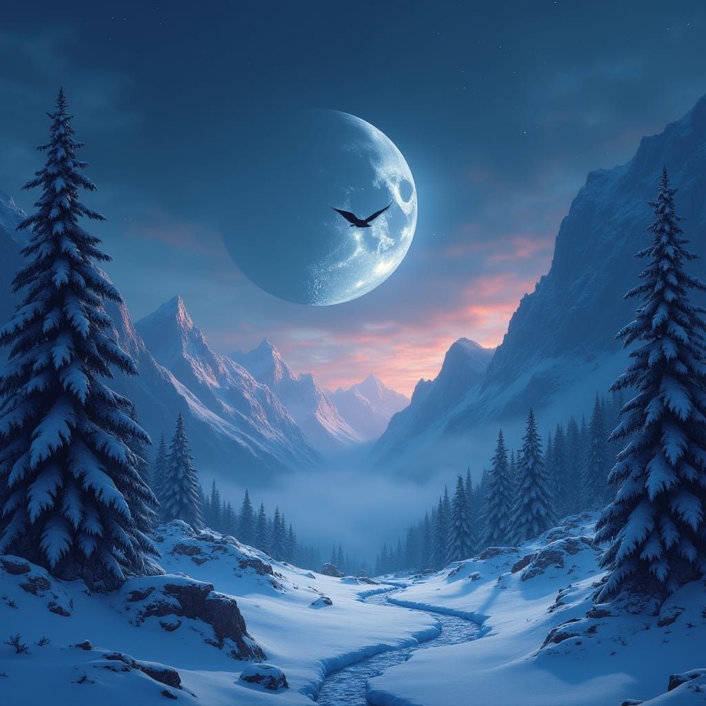 Ethereal Nighttime Scene with Bird and Moonlit Snow