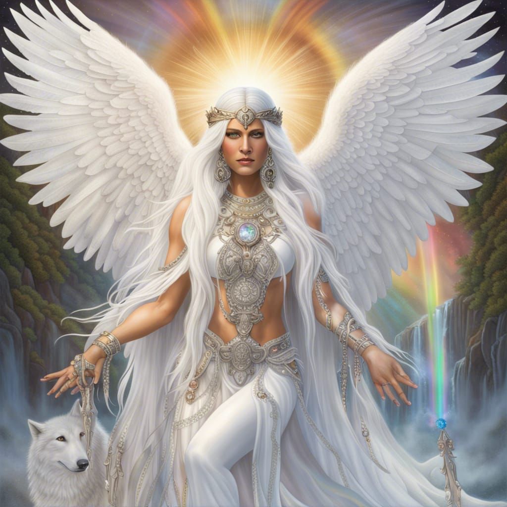 Cherokee Angel Warrior Protecting Wolf in Crystal Garden