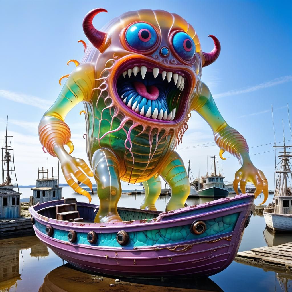 Translucent Gelatin Monster Sculpture in Abandoned Harbor