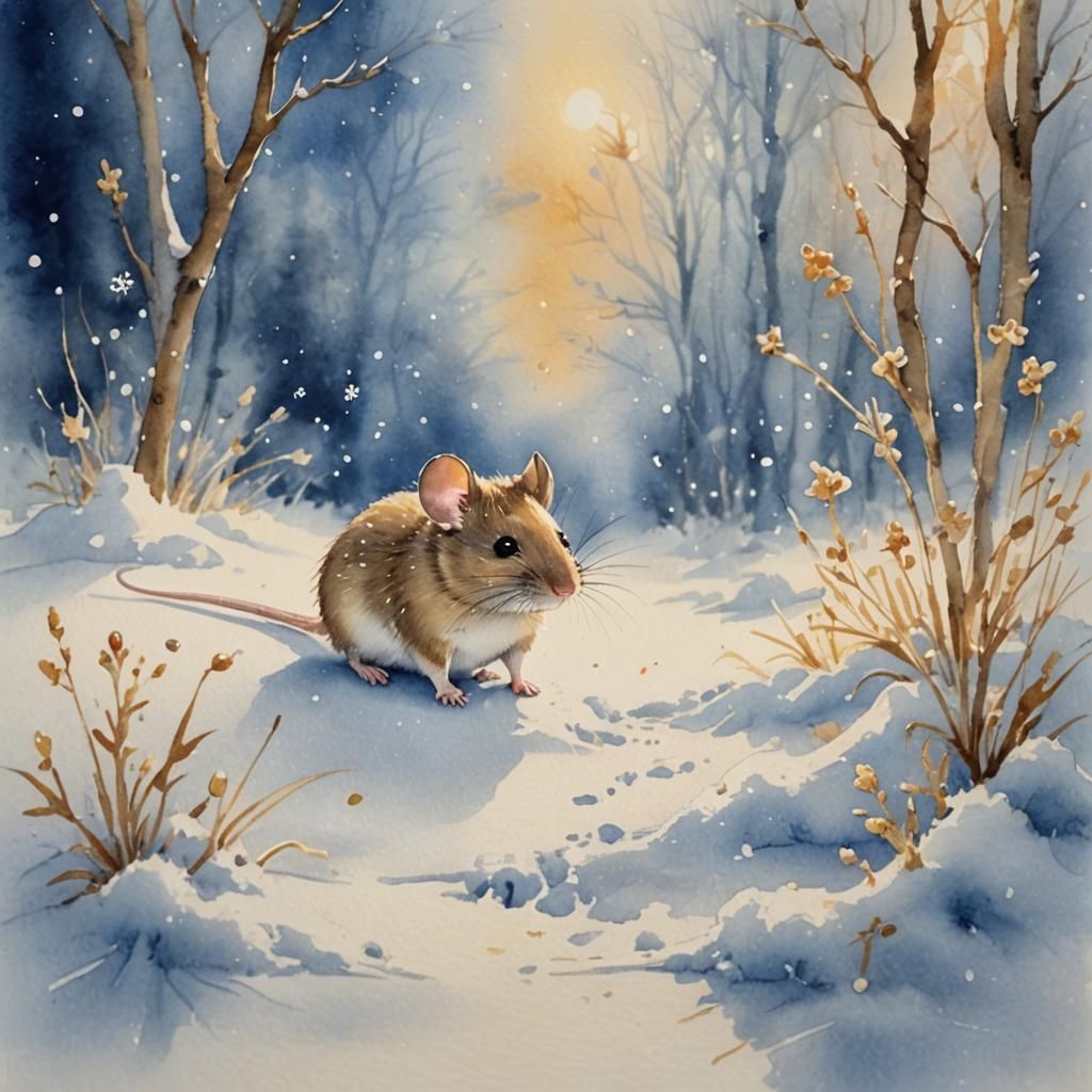 Mouse in Snow: Whimsical Watercolor Painting
