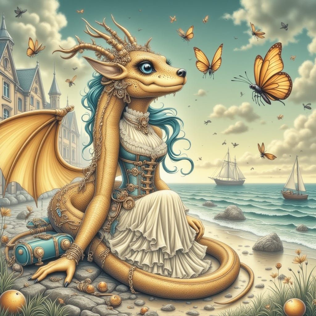 Steampunk Yellow Dragon on a Butterfly Beach