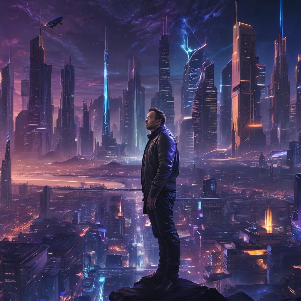 Elon Musk in a Neon Future Cityscape