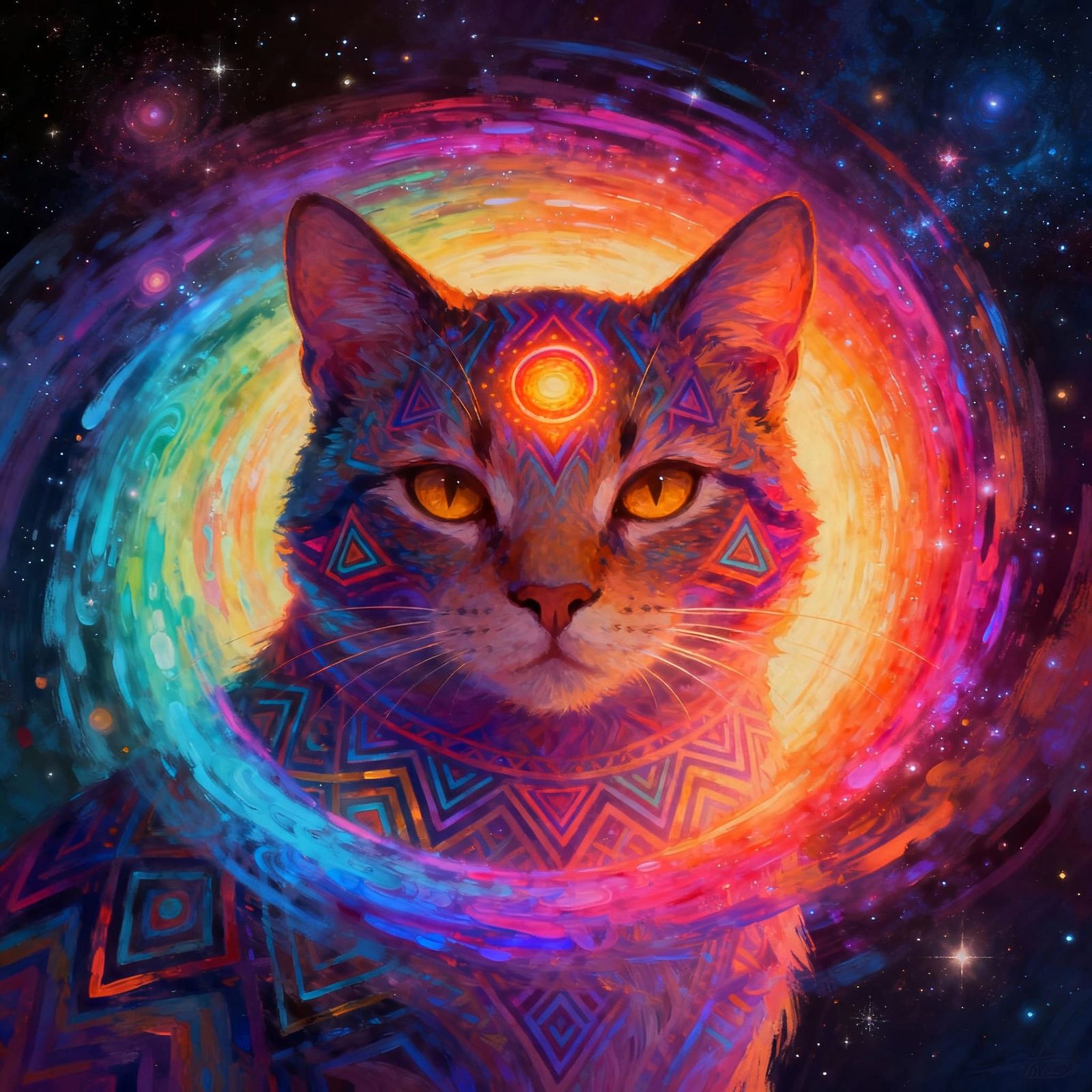 Mystical Cat Face Emerges from Rainbow Vortex