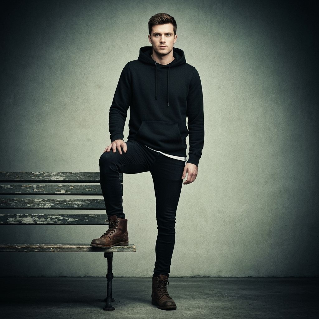 Dramatic Film Still of Man in Hoodie on Bench