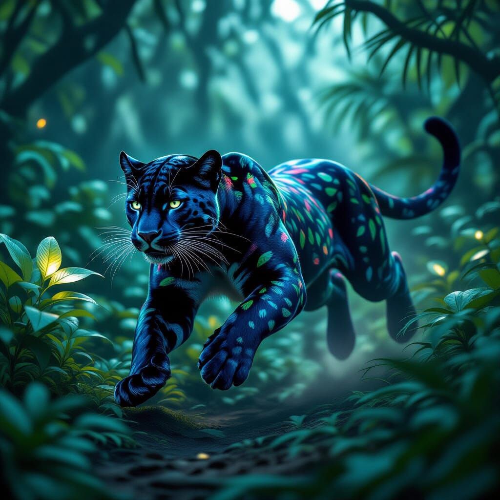 Panther Leaping Through Alien Jungle at Twilight