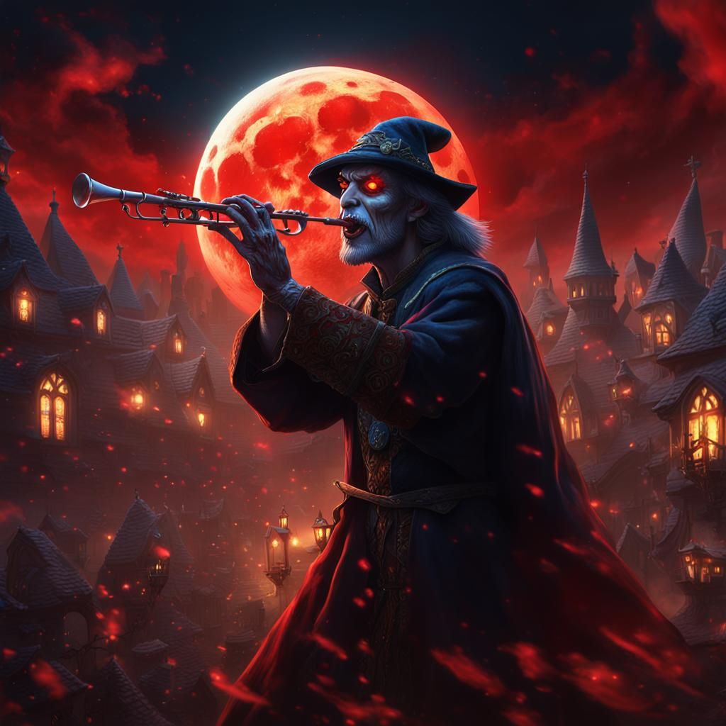 Evil Pied Piper with Red Moon, Detailed Matte Painting