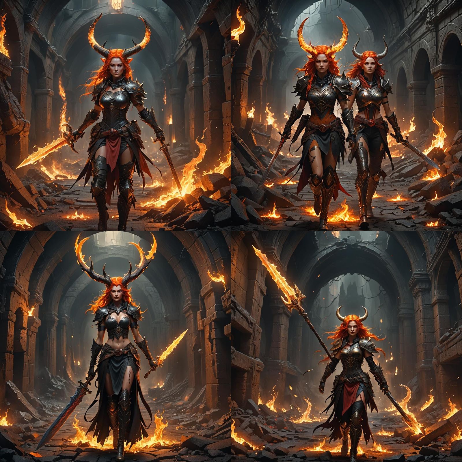 Fiery Woman with Sword in Dark Fantasy Landscape