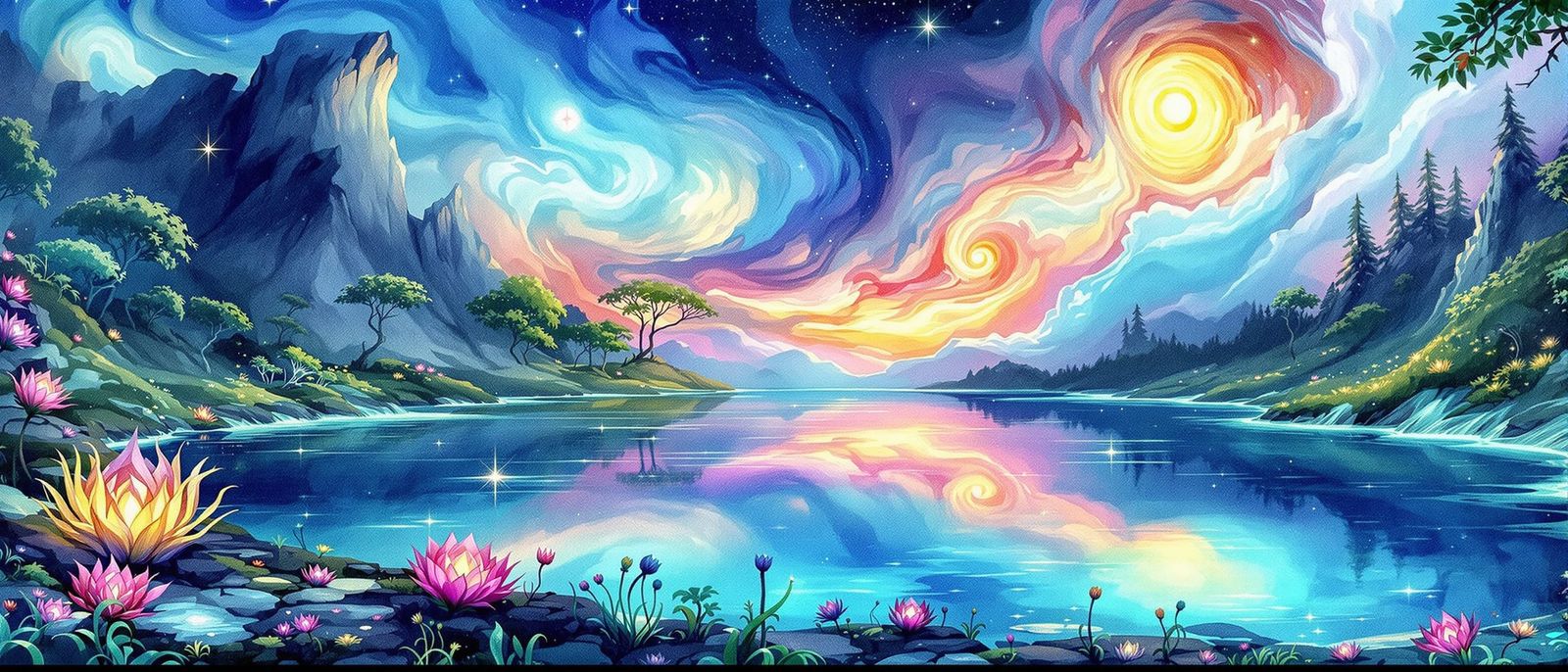 Vibrant Crystal Lake Reflects Magical Swirling Sky