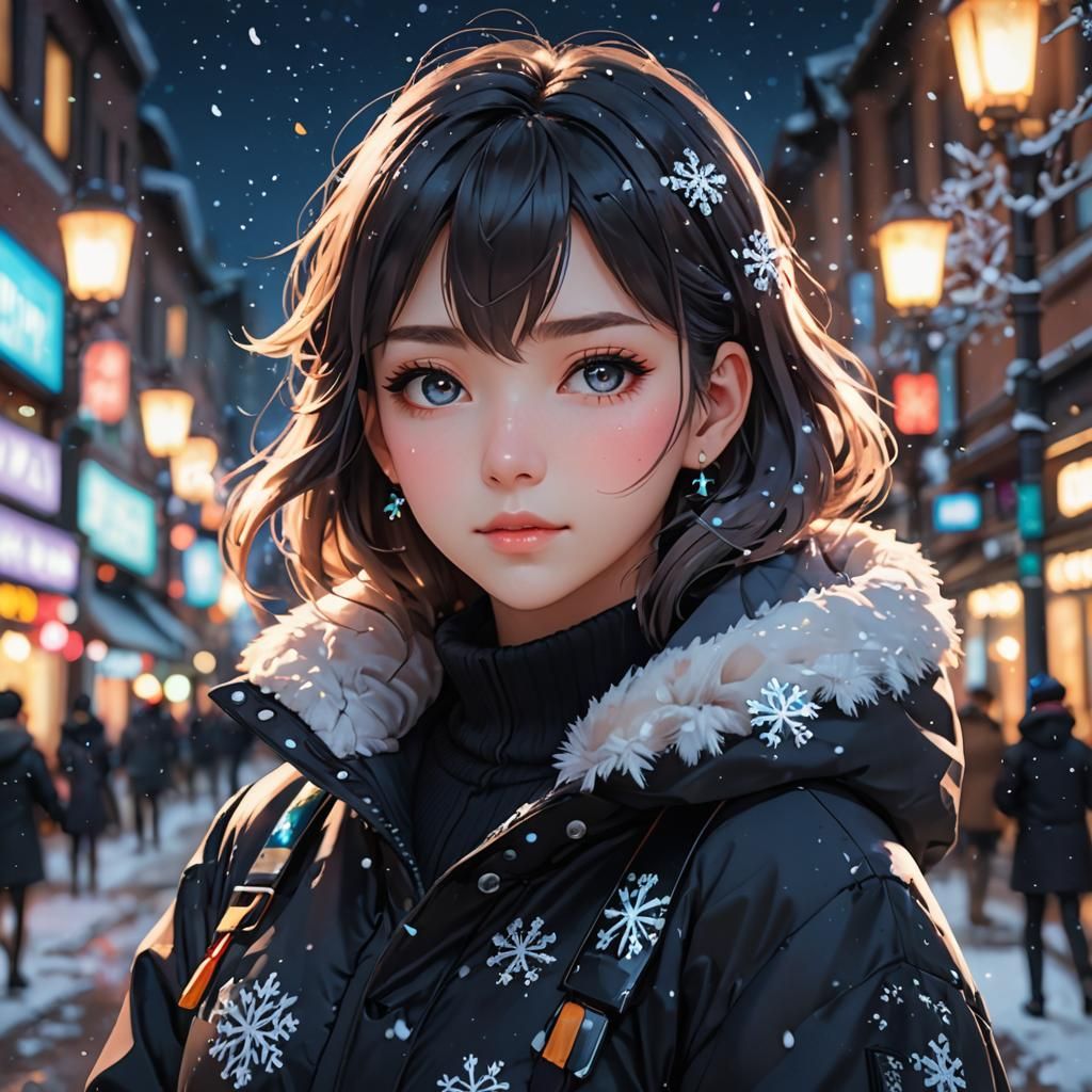 Anime Girl in Oversized Coat with Bokeh Background