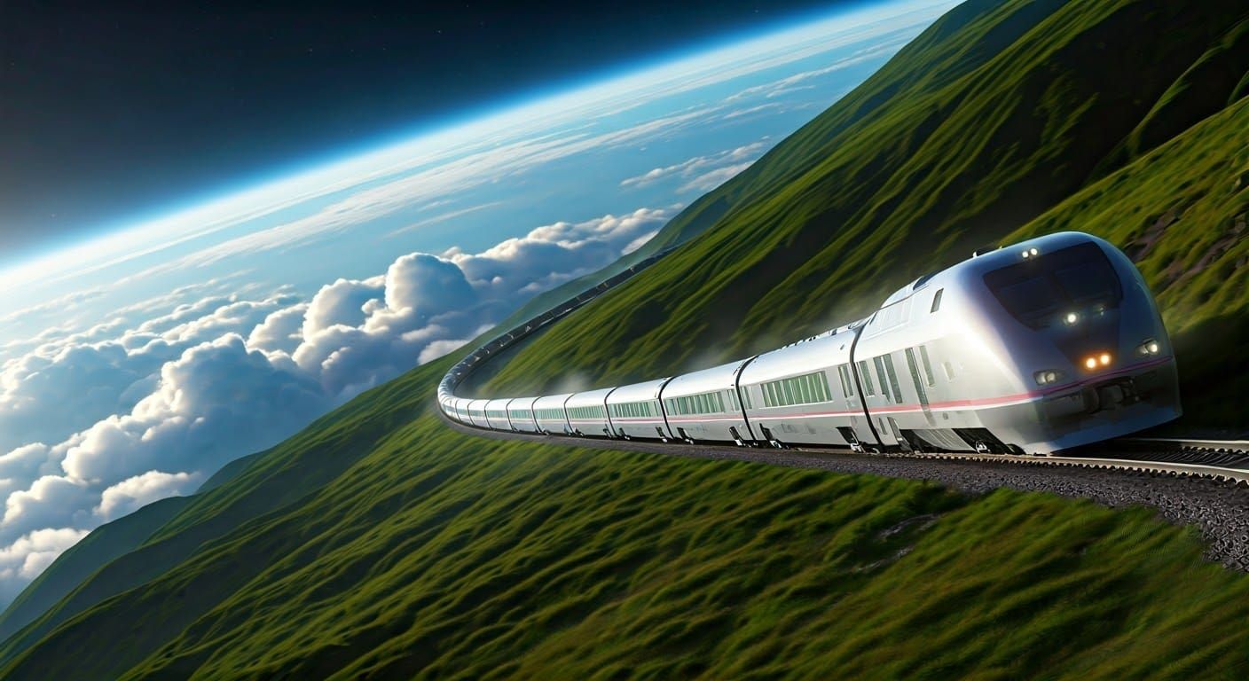 Ethereal Train Descends Mountainous Terrain in Panoramic Vie...