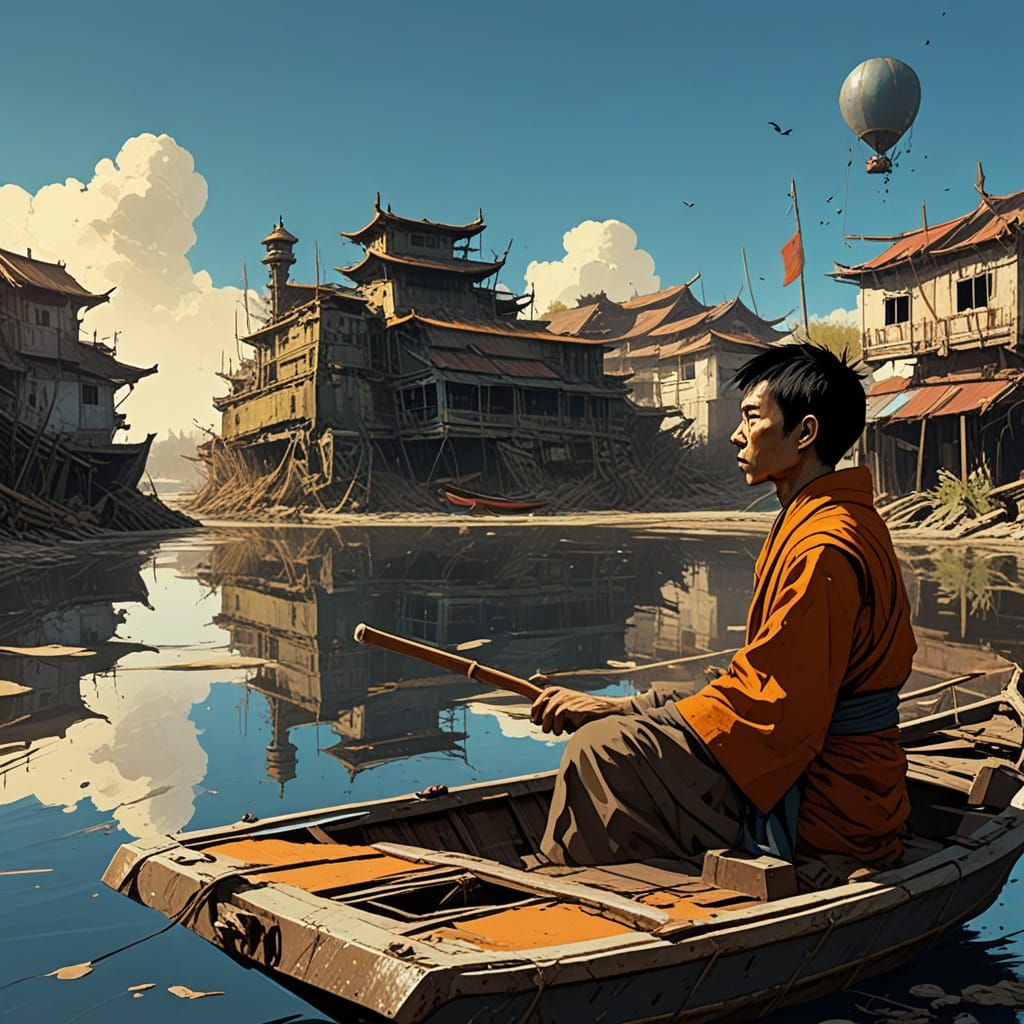 Monk Navigates Dilapidated Boat in Gritty River Landscape