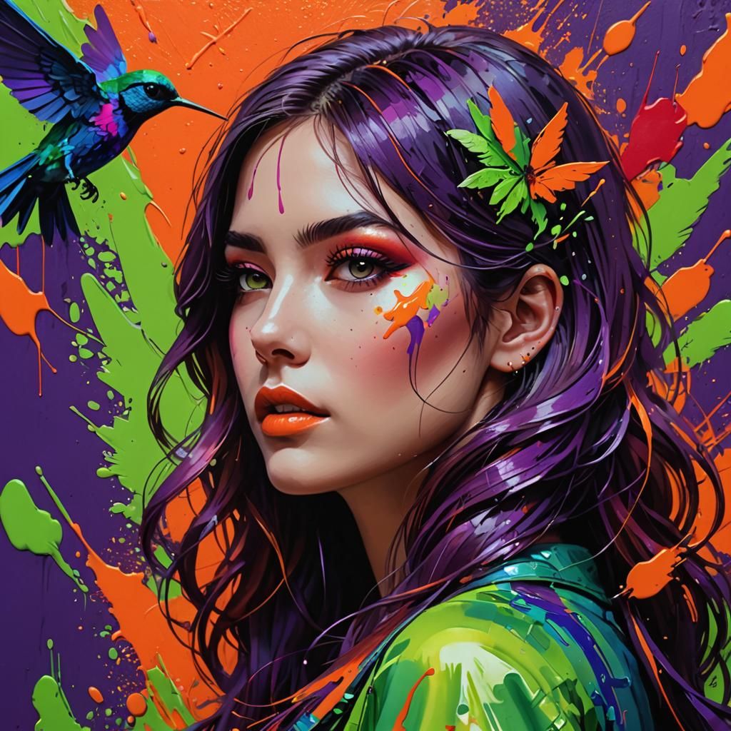 Woman and Hummingbird in Glitch Art Style