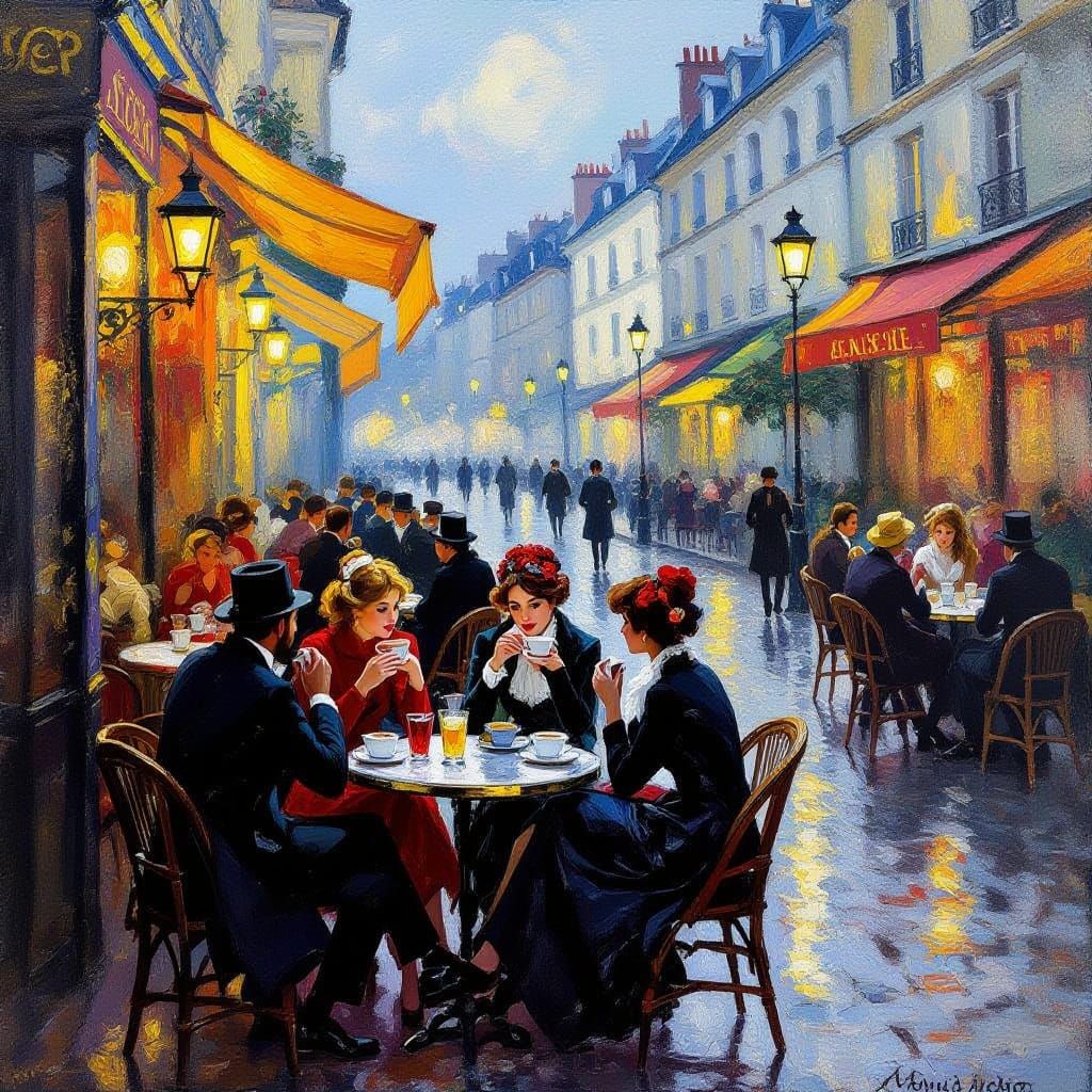Parisian Cafe at Dusk in Impressionist Style