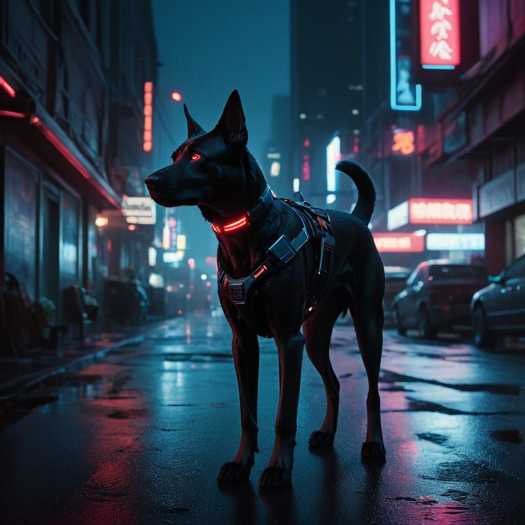 Cybernetic Dog Patrolling City at Night: Cyberpunk Film Stil...