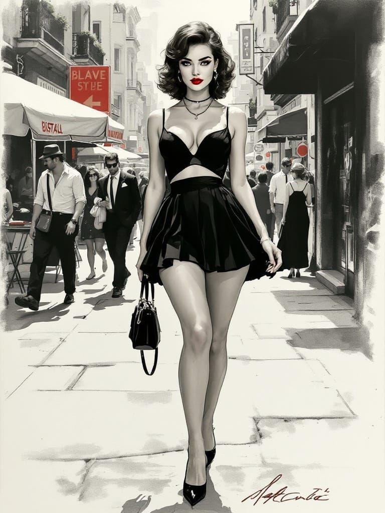 Elegant Pin-Up Woman on Sidewalk in Expressive Charcoal Sket...