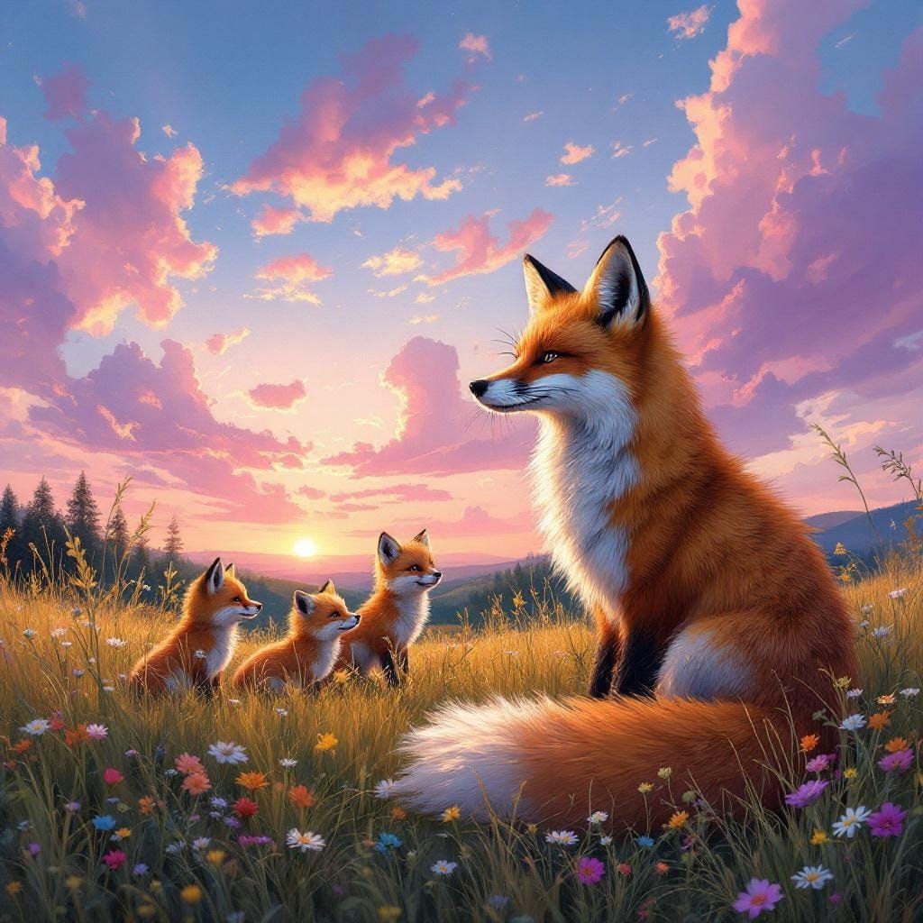 Fox Family in Meadow at Sunset