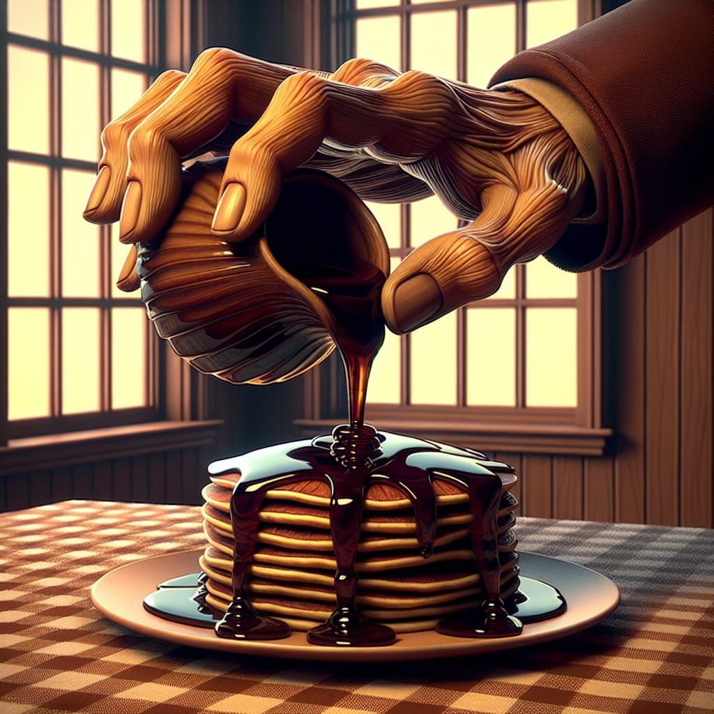 Maple Syrup Cascade: Hyperrealistic Pancake Still Life