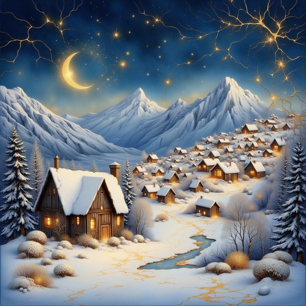 Zen Dreamscape of a Luminous Snowy Alpine Village