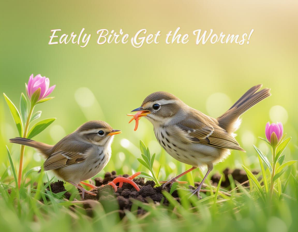 Mama Bird Teaches Young How to Catch Worms